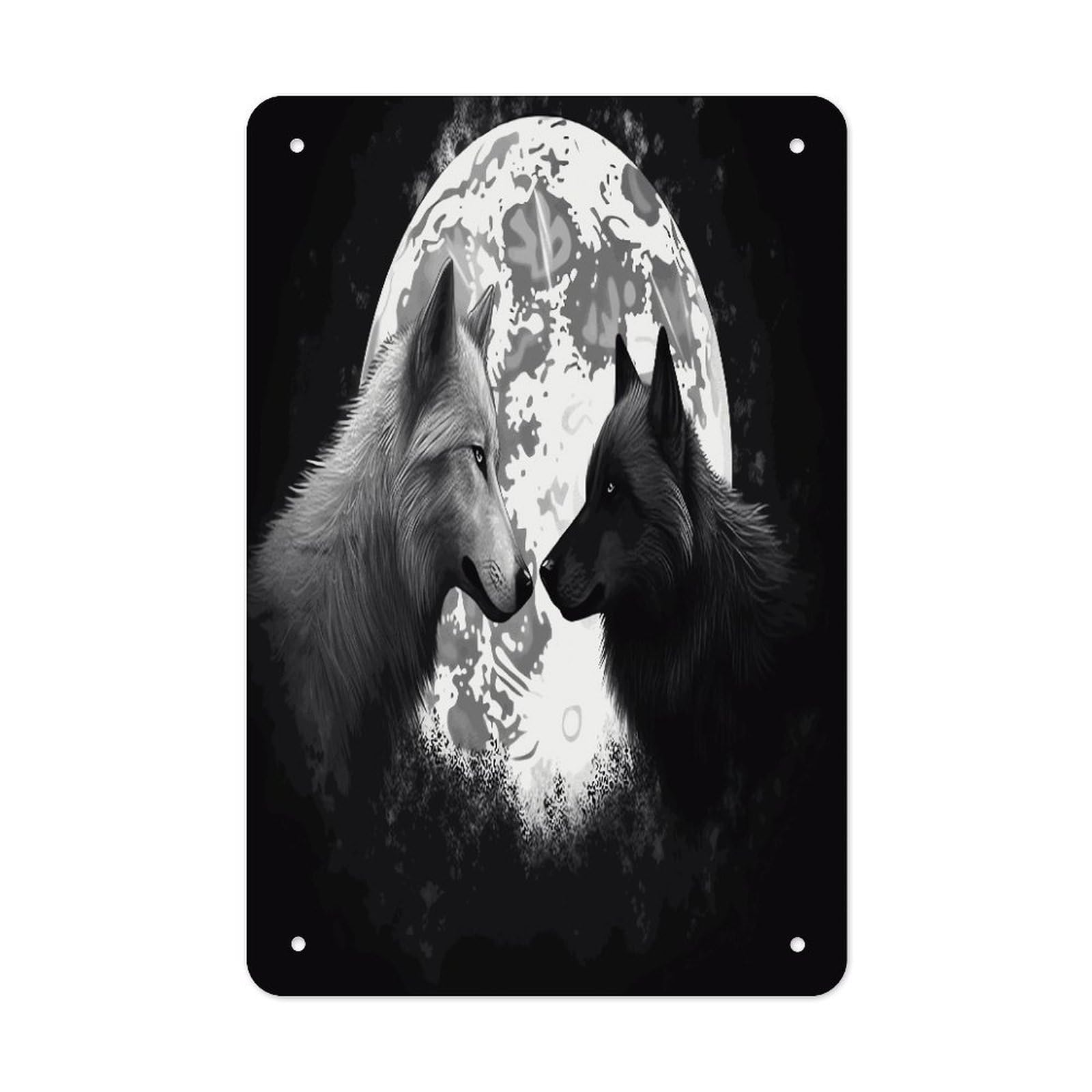 Wolves Love Under The Moon Wild Animal Wall Art Prints Folded Edge Iron Sheet Painting with Holes for Wall Prints Decorative Picture Metal Signboard Decor Painting for Outdoor Indoor Wall Decor