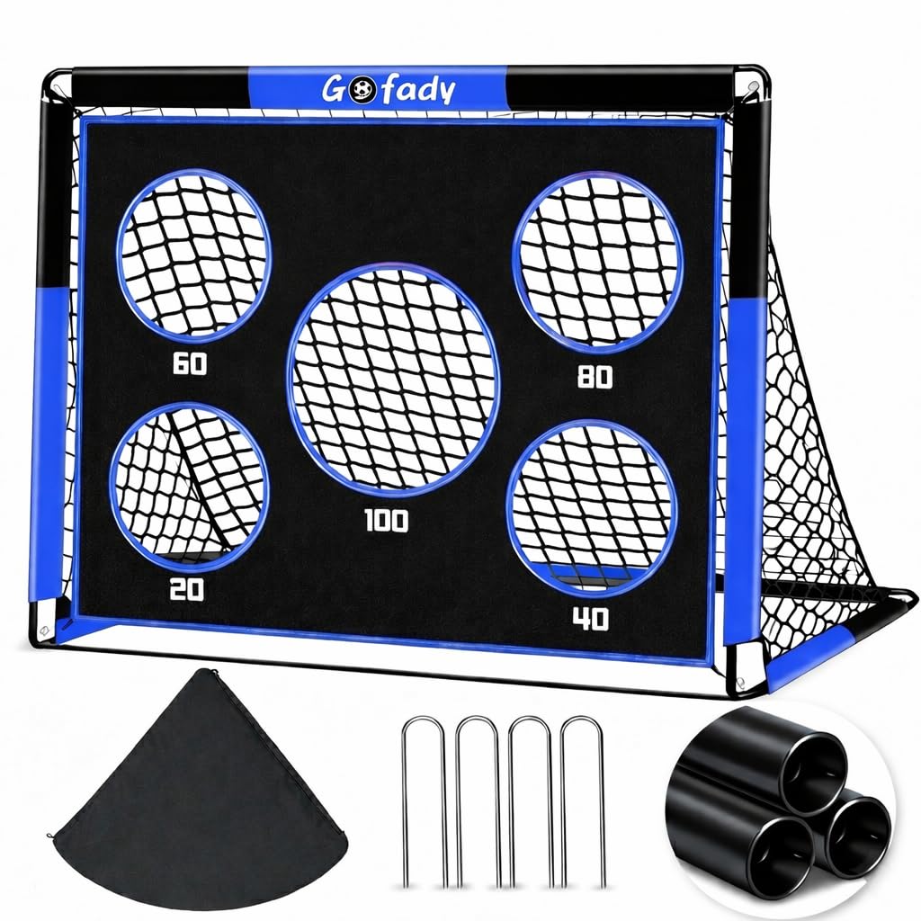 Gofady 2-in-1 Football Goal for Kids - Portable & Durable Soccer Training Net with 5 Target Ranges, Foldable Design, Carrying Bag, Easy Assembly for Backyard, Garden, Beach(Blue, 150 * 120 * 120cm)