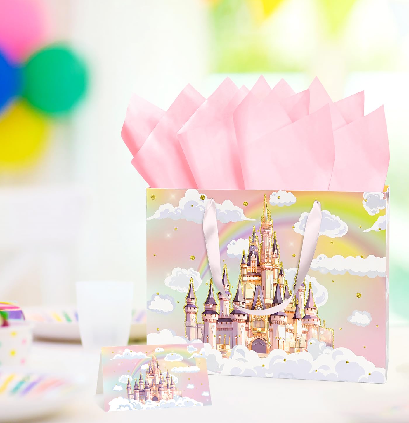 MUNILAIL 13 Inches Castle Gift Bag for Girls Large Gift Bag with Handle Tissue Paper and Greeting Card for Kids Birthday Princess Themed Party Large Paper Gift Bag