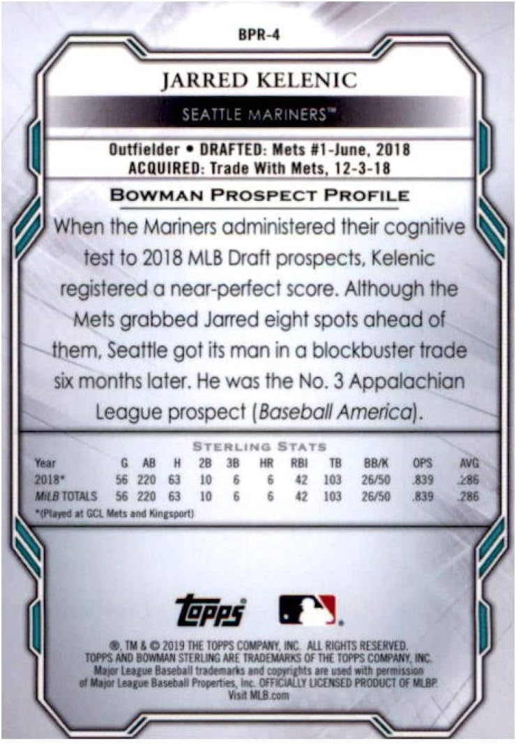 2019 Bowman Sterling Prospects #BPR-4 Jarred Kelenic Seattle Mariners Baseball Card