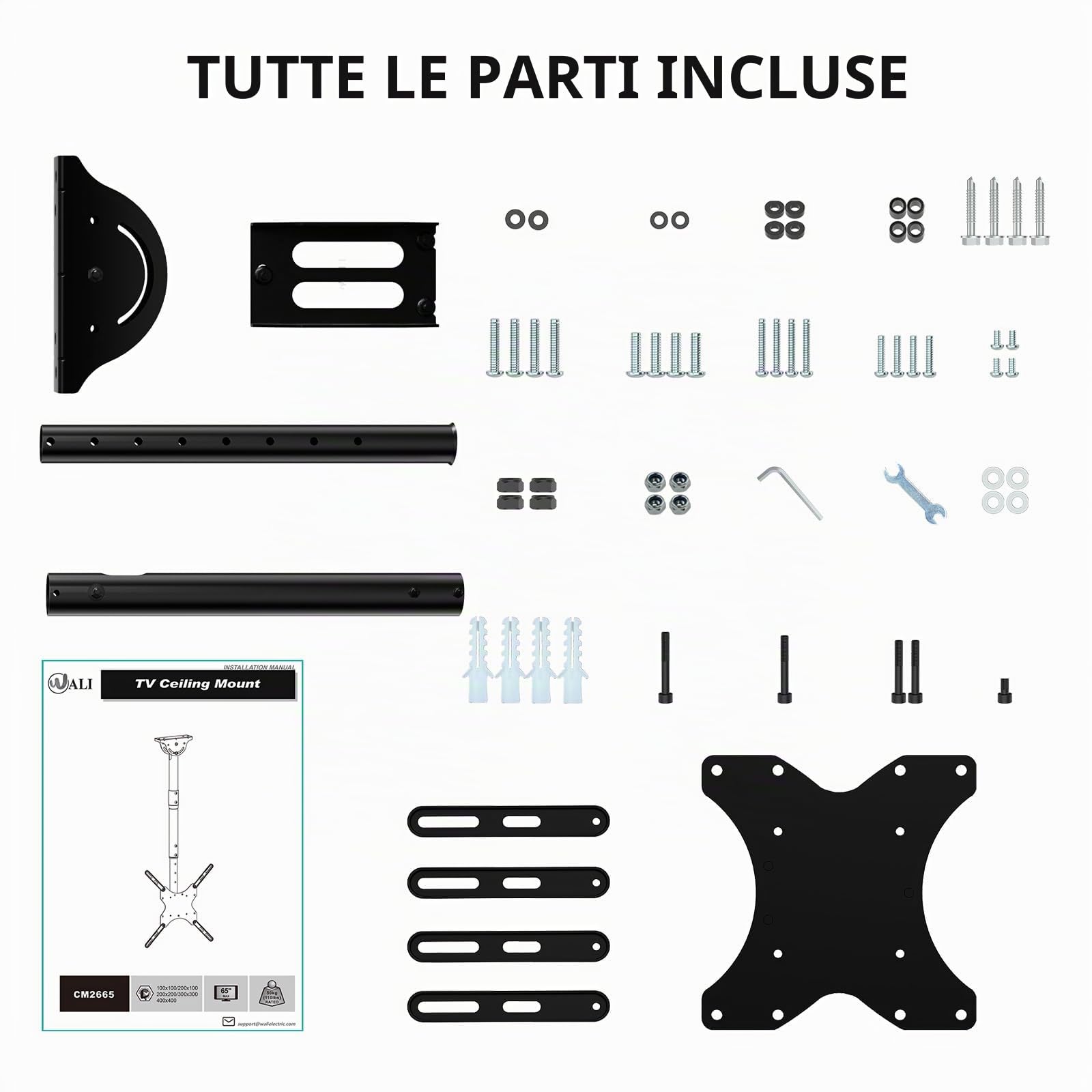WALI Supporto da soffitto per TV a soffitto, inclinabile, orientabile, per schermo piatto da 26 a 65 pollici, supporta fino a 50 kg, VESA max 400 x 400 mm, supporto per soffitto piatto e inclinato,