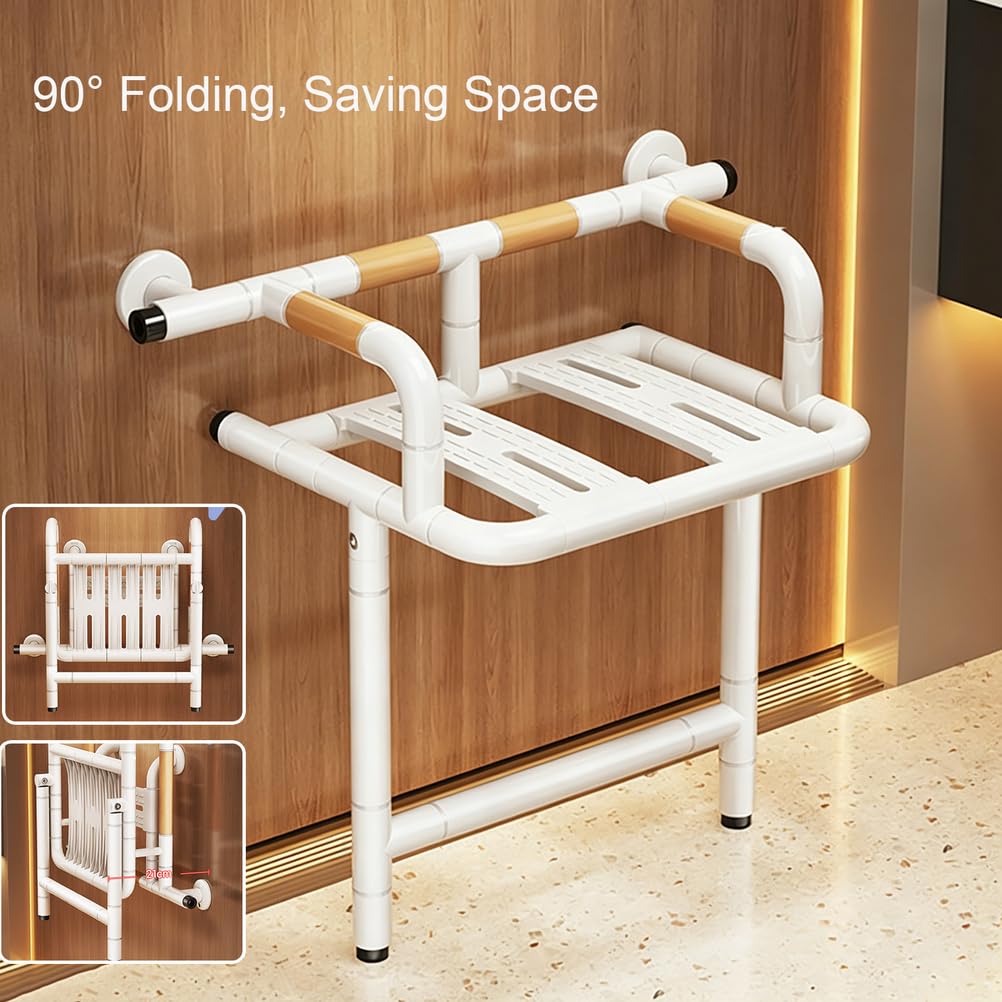 Asiento de Ducha de Pared para Ancianos y Discapacitados,Blanco | Silla de Ducha Plegable,Taburete de Baño,Antideslizante,Ahorra Espacio,Luminosa,Acero Inoxidable,Carga Máxima de 150 kg