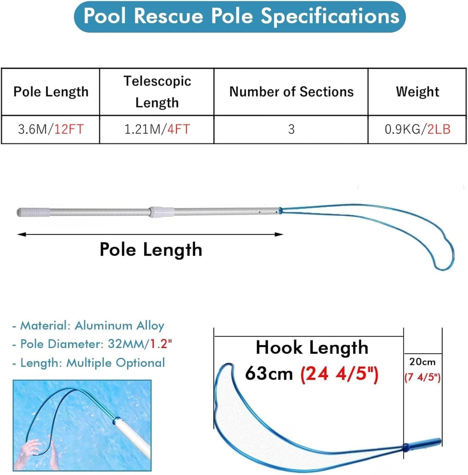 Barra de rescate telescópica con gancho para el cuerpo, equipo de salvavidas extensible de 12 pies para seguridad en la piscina, ideal para rescatar adultos y niños