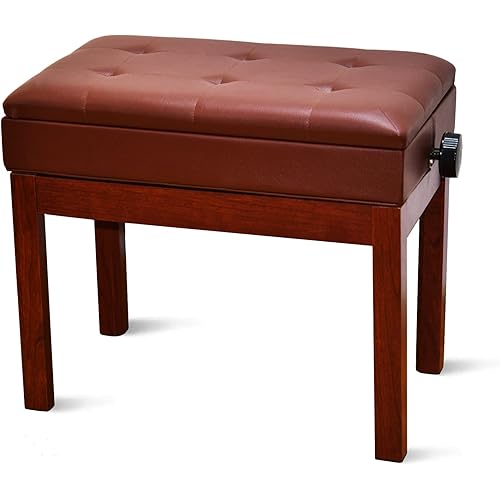 icefree Piano Bench Adjustable with Storage, Brown Piano Bench Cushions Leather & Solid Wood,Music Bench, Piano Stool