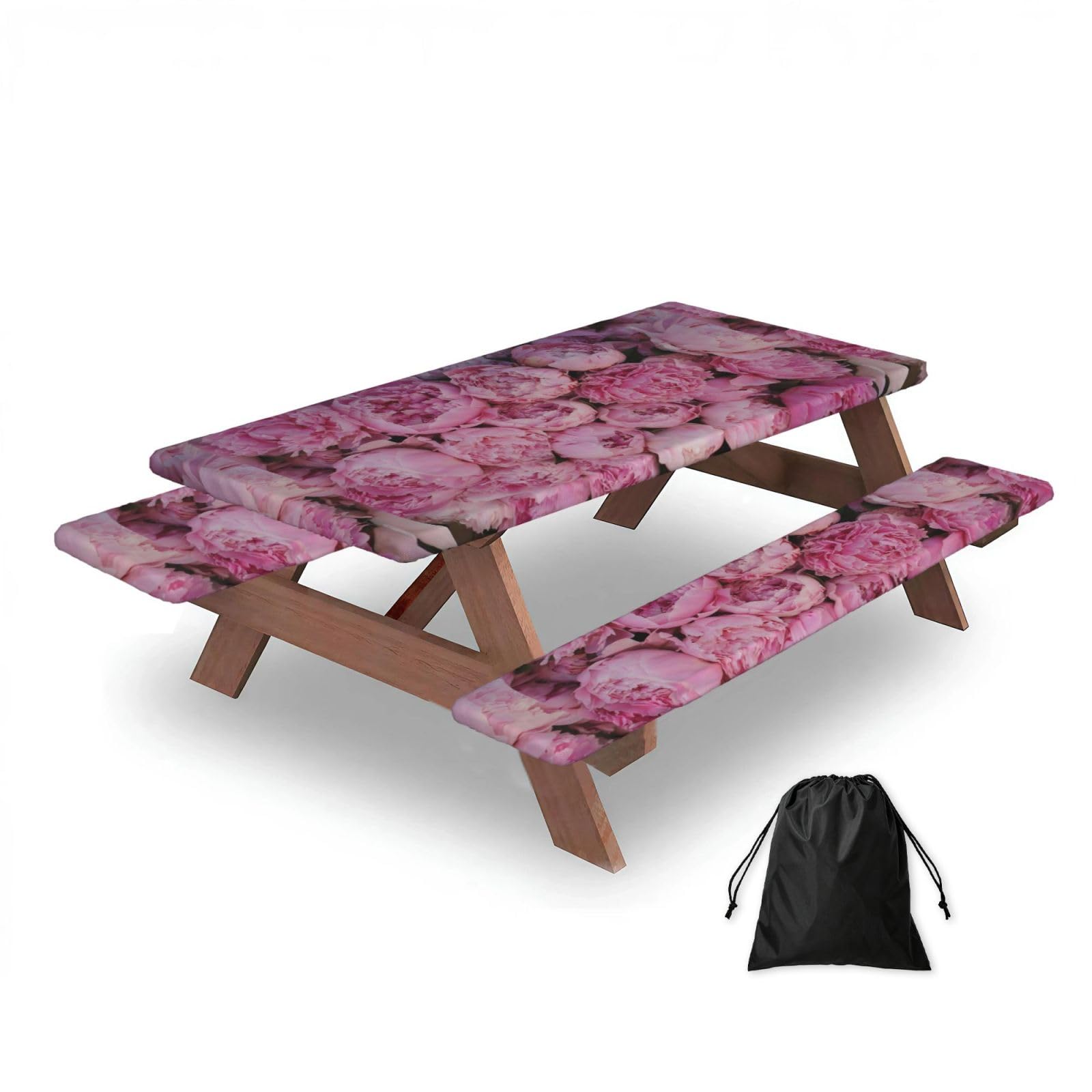 Dopklna As Picture Pink Peony, Picnic Table Cover With Bench Covers -Waterproof Elastic Fitted Tablecloth For Garden Camping Patio 76X152cm
