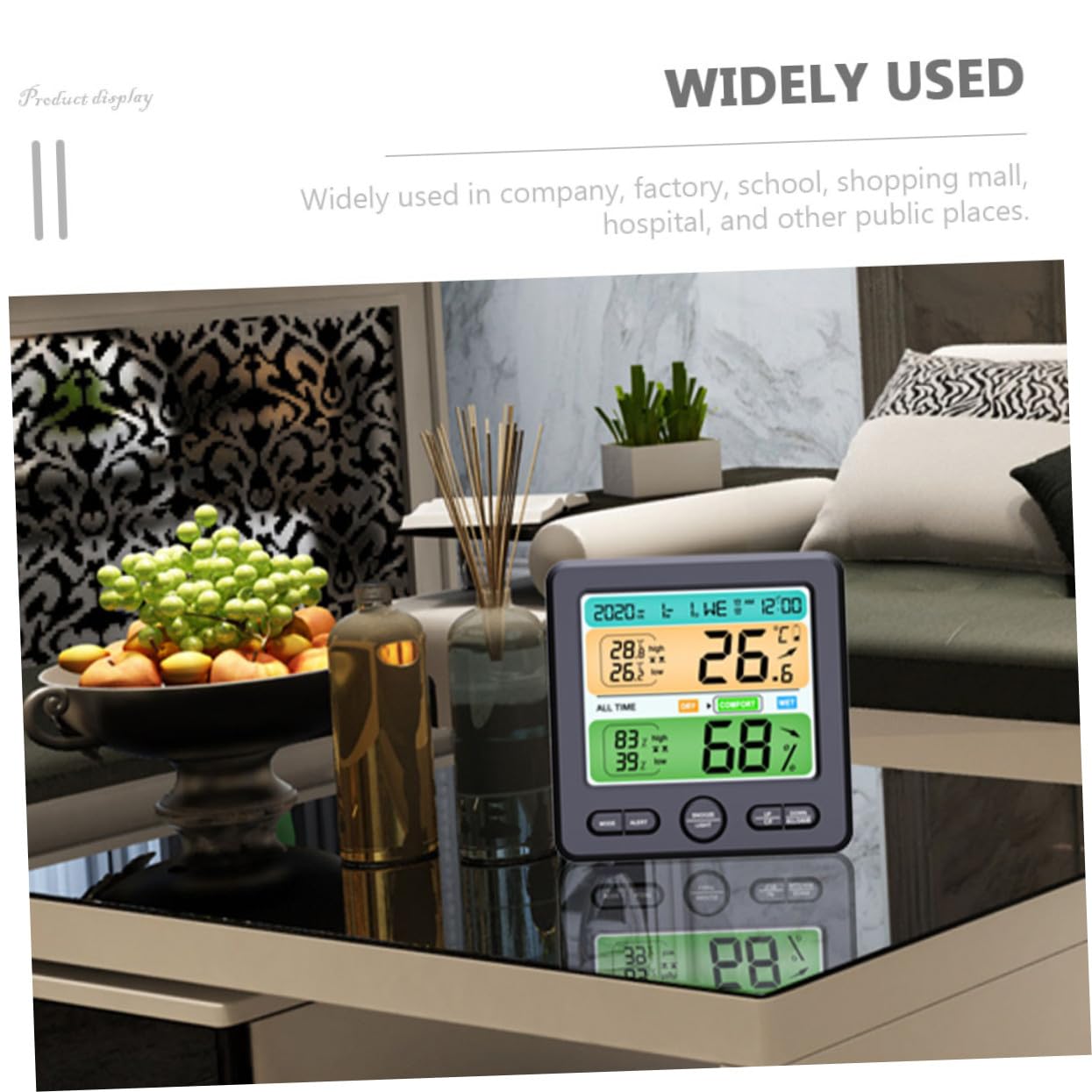 Artibetter Digitales Hygrometer mit Uhr, Großes Display, Kunststoff, Schwarz