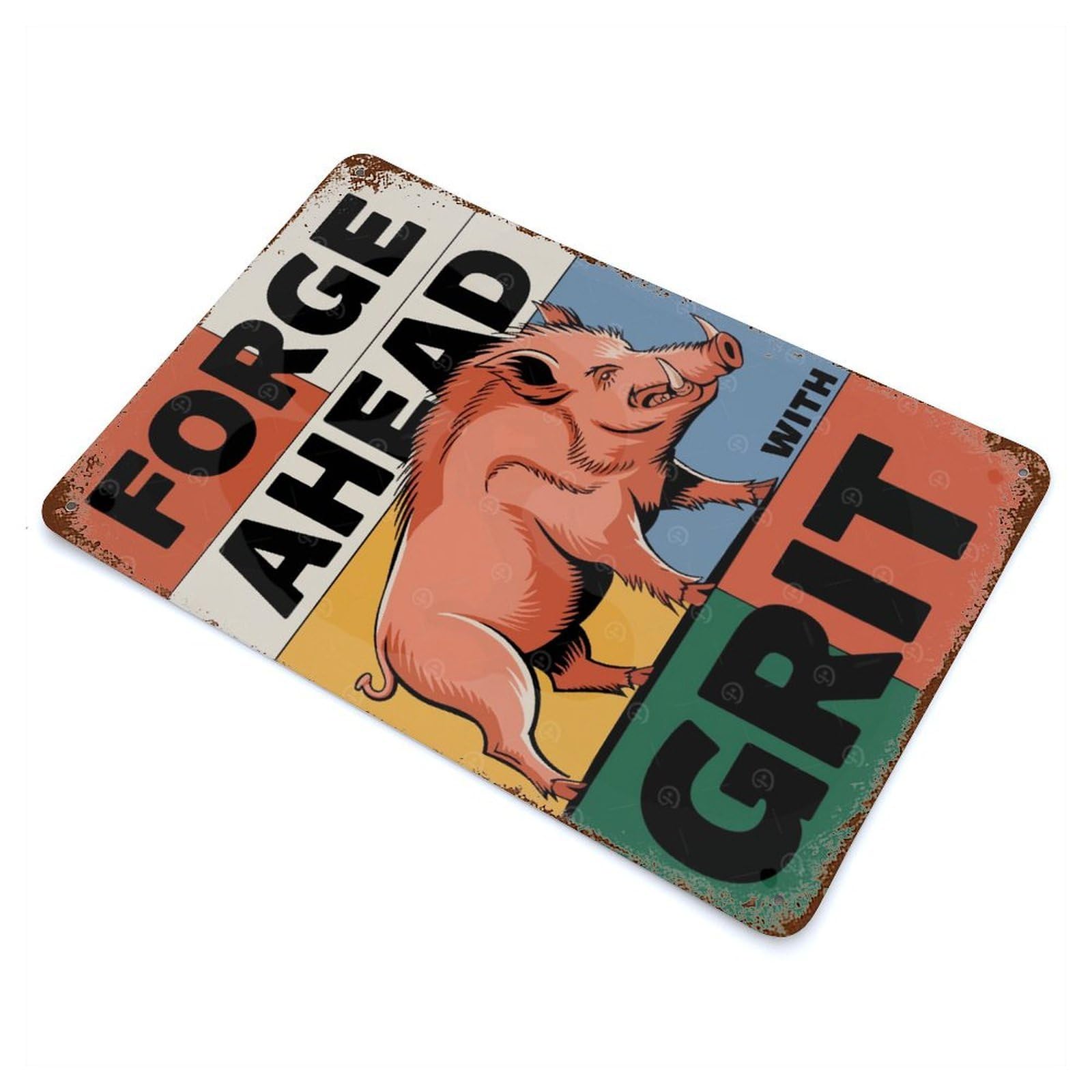 Forge Ahead With Grit Wild Boar Illustration 11.8"x7.9" Vintage Rust Metal Sign, Decorative Metal Wall Art for Living Room, Hallway And Home Decor