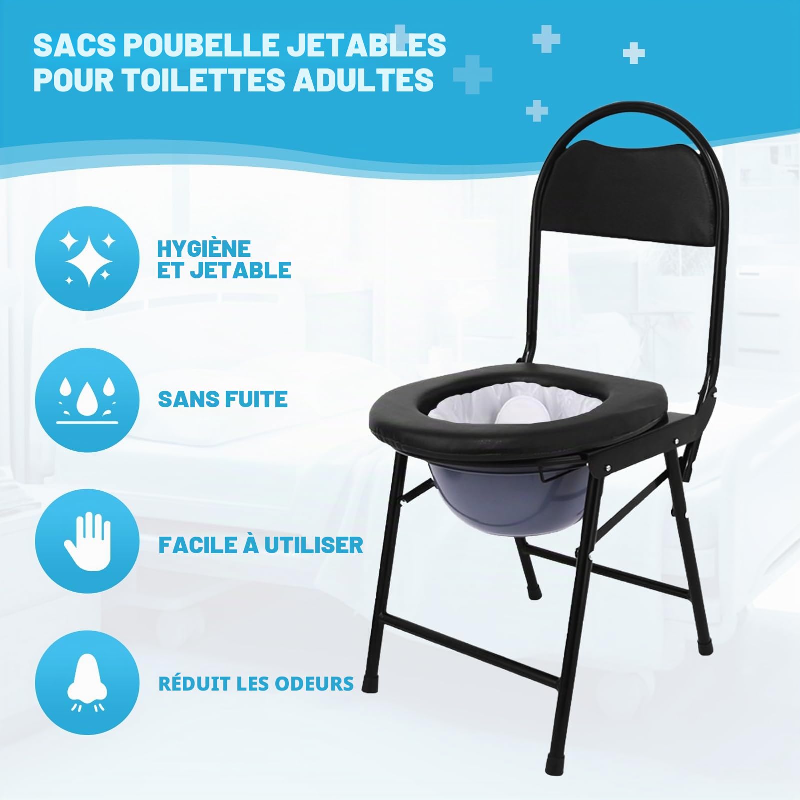 Lot de 80 Sacs avec Coussinet Absorbant pour Chaise Percée - Toilette Portable, Déchets Jetables, Ajustement Universel Adulte (40 + 40 Coussins)