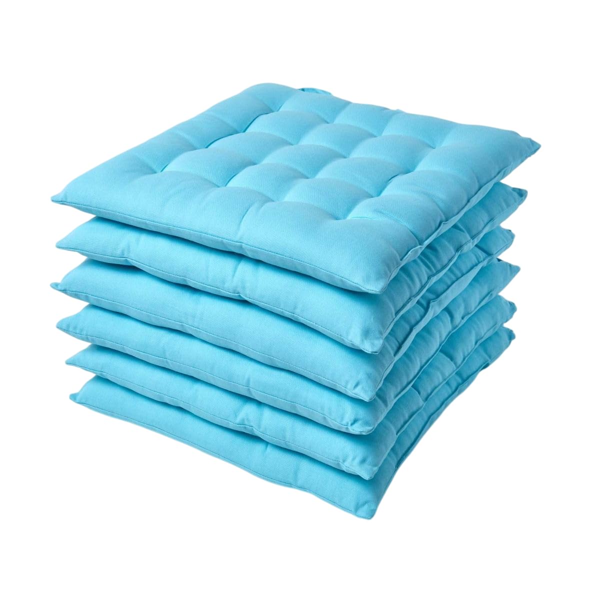 HOMESCAPES Blue Seat Pads for Dining Chair, Set of 6 100% Cotton Chair Pads with Straps, 40x40 cm