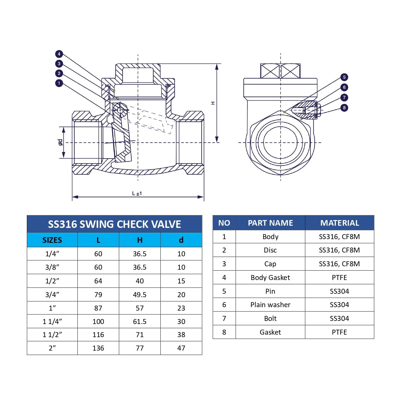 AF Clapet anti-retour hydraulique SS316 en acier inoxydable SS316, valve basse pression, 1 1/2" NPT, jusqu'à 200 PSI, clapet anti-retour avec siège en métal pour l'eau, le pétrole et le gaz en général
