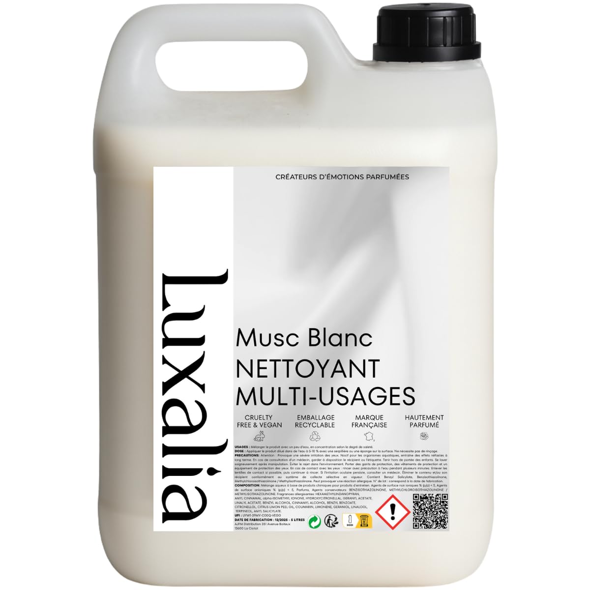 Nettoyant Sol & Multi-Usages Musc Blanc - Sols & Surfaces - Hautement Parfumé & Ultra Efficace - 5 Litres - LUXALIA