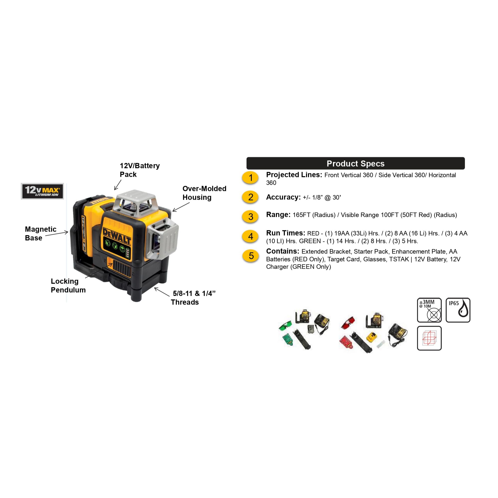 DeWalt DCE089D1R-QW Laser 3 linee 360° XR Litio 10,8V, 2.0 Ah - Giallo/Nero