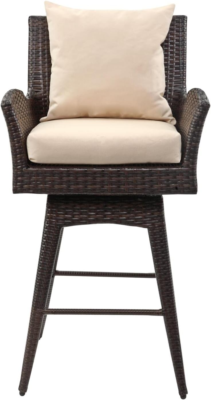 Safavieh PAT2515B Collection Hayes Brown and Beige Outdoor Wicker Swivel Armed Counter Stool