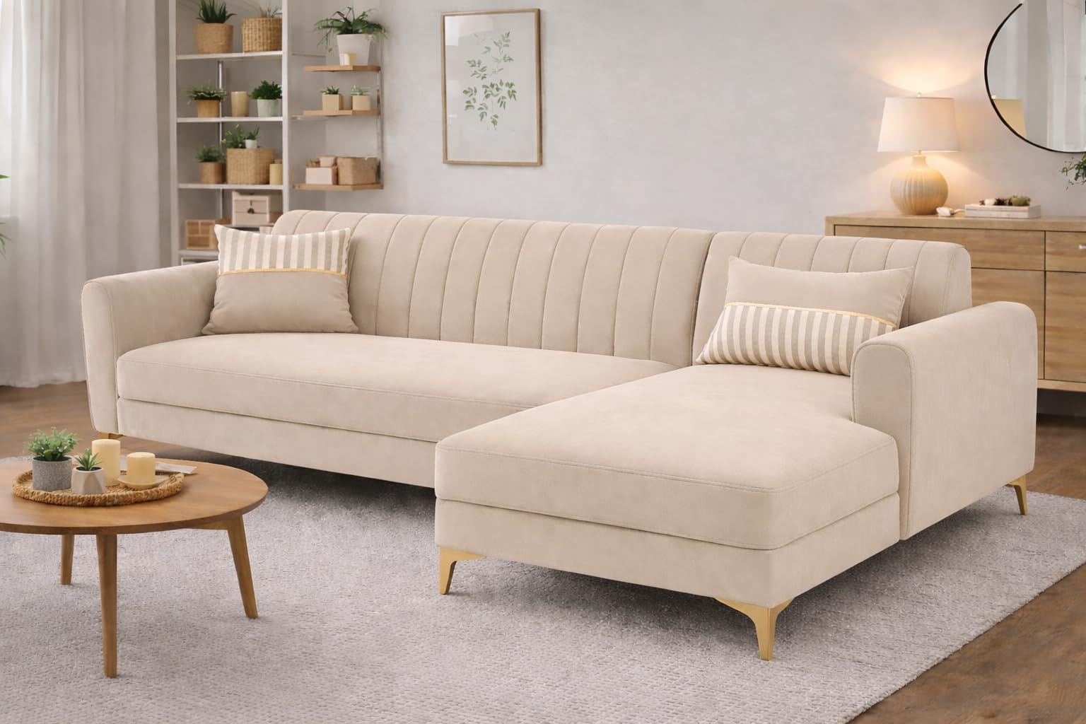 Adorn India Premium Luster 6 Seater L Shape Sofa Set | Velvet Suede Fabric | 3-Year Warranty | RHS |Color Cream with Golden Legs & Striped Pattern Cushion