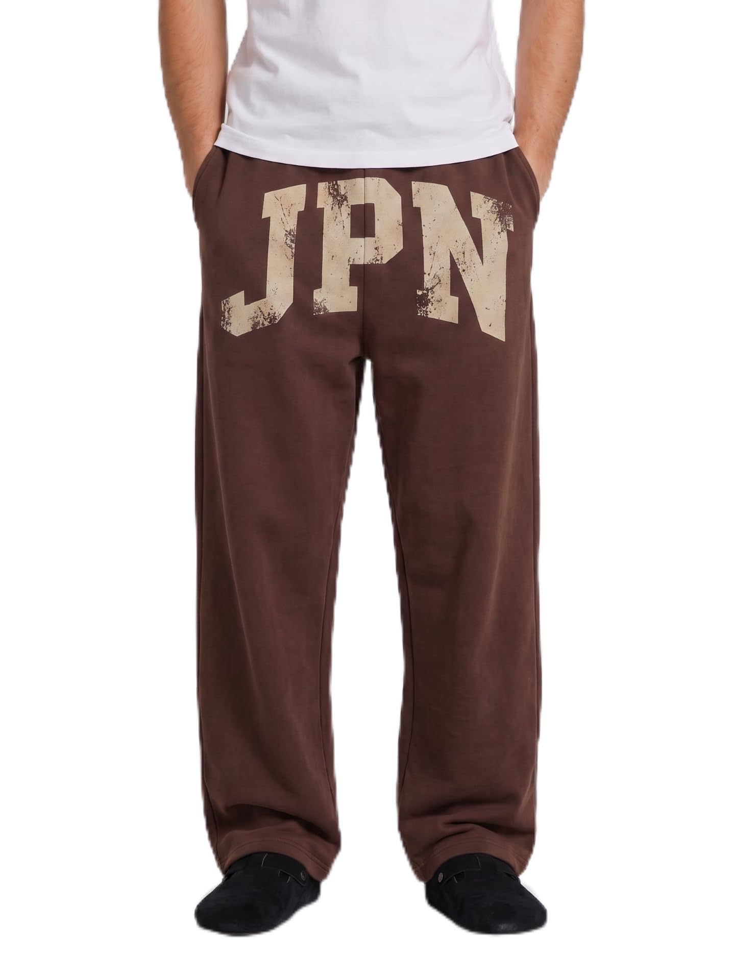 flynoff Men Track Pant Brown 28 Solid Cotton Blend Loose Fit with JPN Typography Print-picture-14