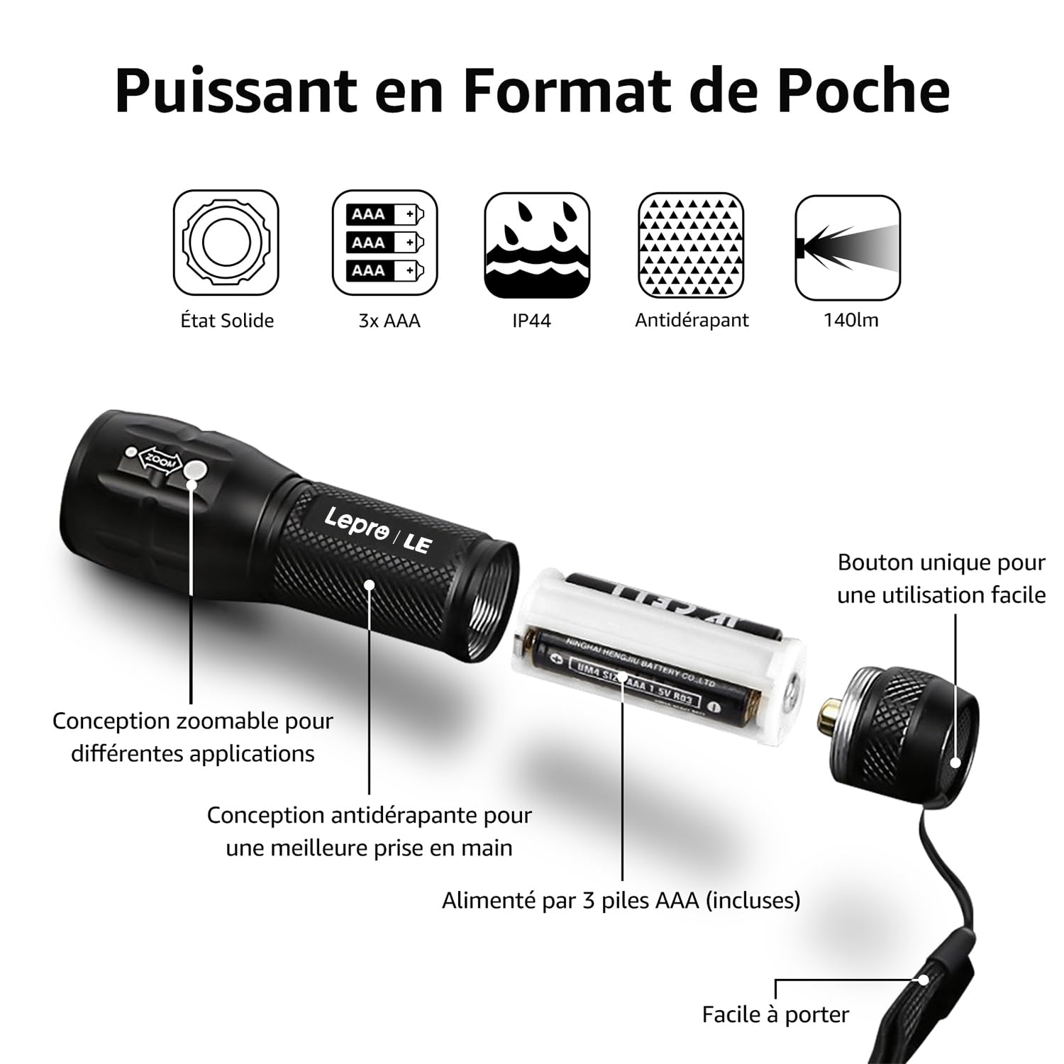 Lepro Lampe Torche L8000 Puissante LED Militaire Zoomable Étanche IPX4 Aluminium Camping Randonnée