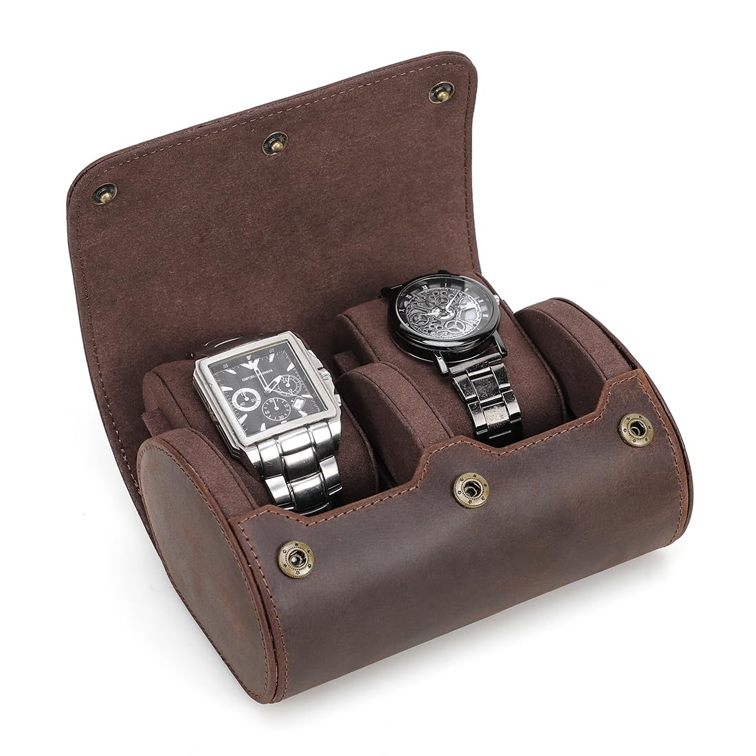 CONTACT'S FAMILY Handmade Leather Watch Travel Case for 2 Watches (Coffee)