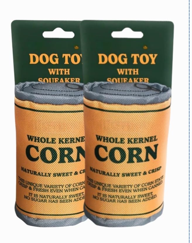 Whole Kernel Corn Dog Toy, Naturally Sweet and Crisp Design, Yellow Canvas with Green Text, No Added Sugar for Dogs Pack of 2