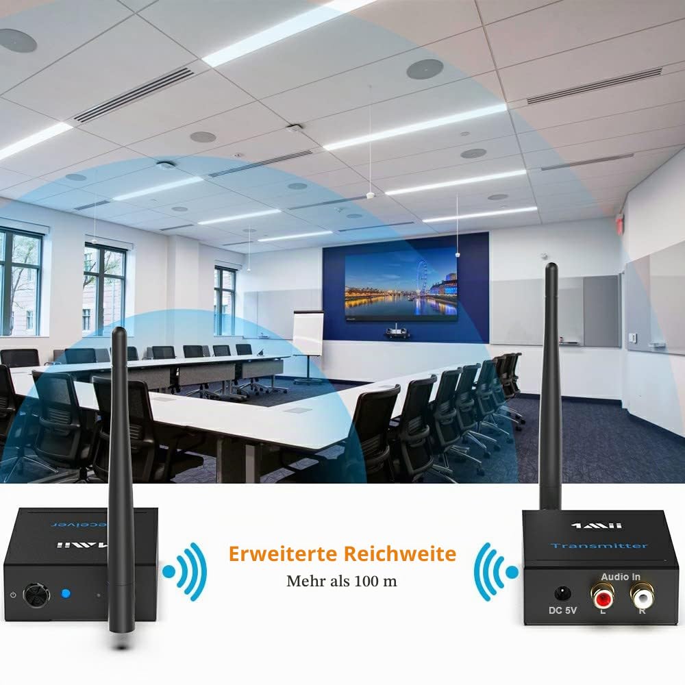 1Mii Kabelloser Empfänger, Audio-Set, 2,4 GHz, kabelloser Transmitter und Empfänger, Audio-Reichweite, 100 m, Ausgang/RCA-Eingang für Musik TV/PC an Lautsprecher/Stereo/Subwoofer/CD