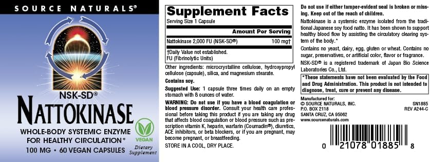 Source Naturals NSK-SD Nattokinase, Systemic Enzyme for Healthy Circulation* 100mg - 60 Vegan Capsules 60 Count (Pack of 1) image 3 of 5 B000GFJK96