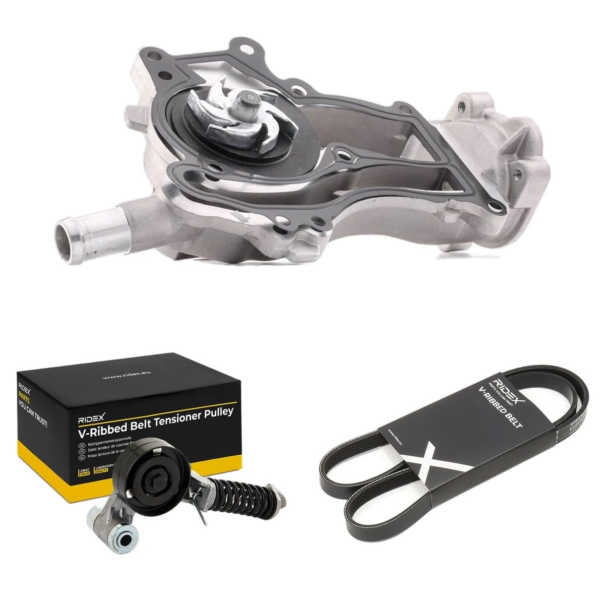 RIDEX 4172P0081 Bomba de agua + kit de correa poli V mecánico con juntas Compatible con OPEL Corsa D Hatchback S07