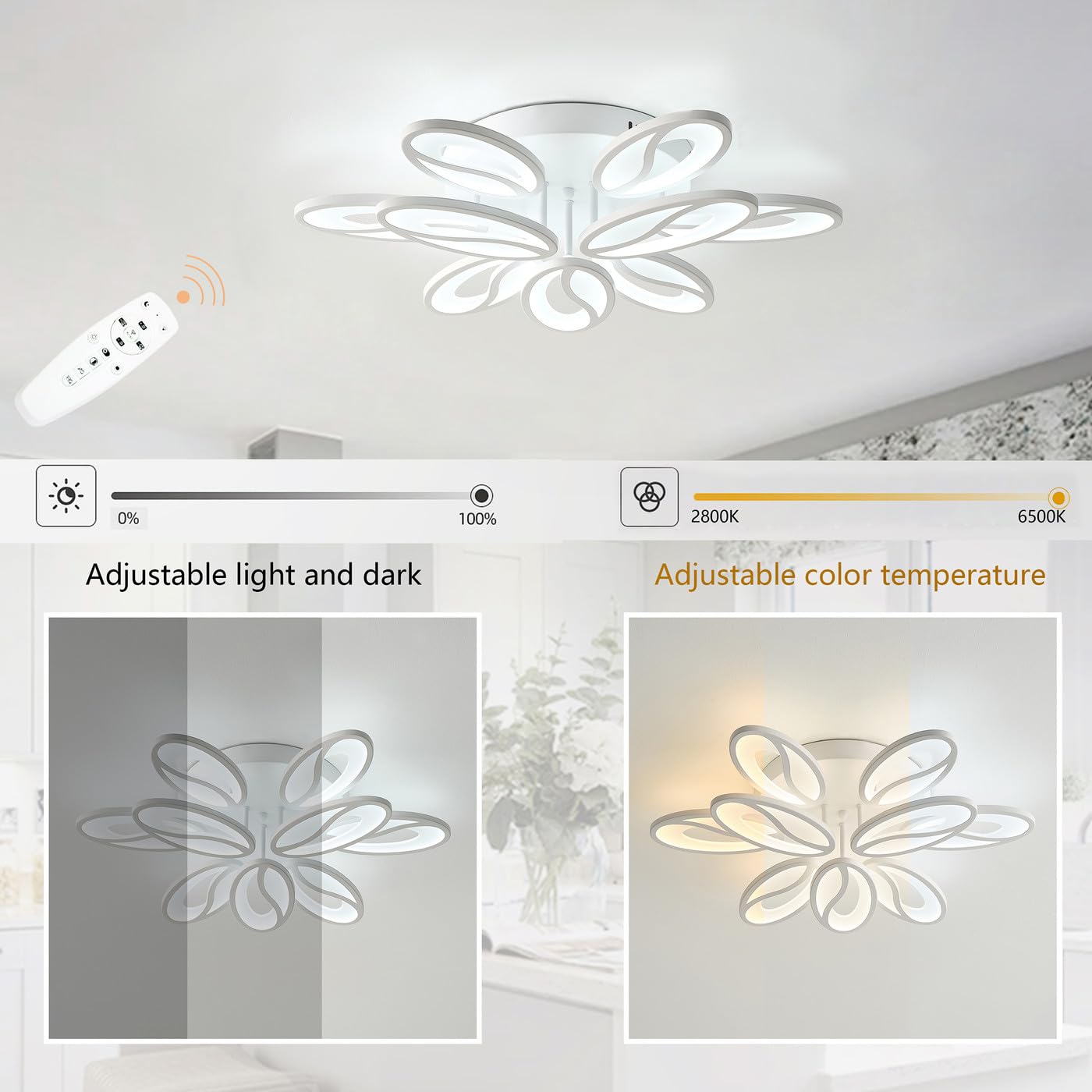 Lampa sufitowa LED, 25,59 cala, liść akrylowy, kwiat z pilotem, możliwość ściemniania 2800-6500 K, biała lampa sufitowa LED w pobliżu pokoju