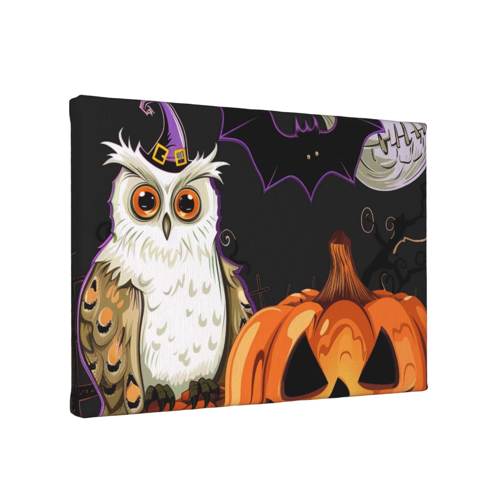 YKLJG Halloween Owl Ghost Printed Wall Art Canvas Painting 30x20 CM Wooden Framed Picture Painting Artwork Prints for Bedroom Kitchen Home Office Decor