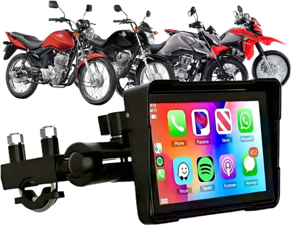 Central Multimídia para Moto com CarPlay e Android Auto, GPS, Bluetooth 5.0, Resistente à Água, Tela Touchscreen, Compatível com Aplicativos de Navegação