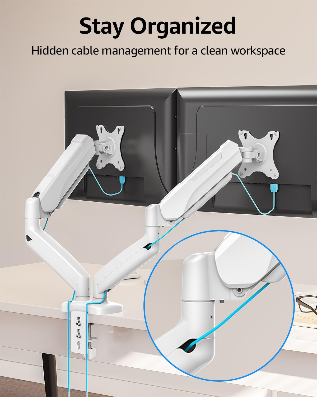 MOUNTUP Dual Monitor Stand for Desk, Monitor Arms for 2 Monitors Max 32 Inches, Height Adjustable Double Monitor Mount, VESA Mount with C-Clamp & Grommet Base, Holds 4.4-17.6lbs, White - Image 9