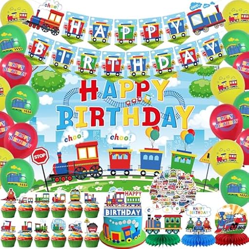 Decoraciones de fiesta de tren, incluye pancartas de feliz cumpleaños, adornos para tartas, fondo de cumpleaños, pegatinas de tren, globos, piezas centrales de panal, para suministros de fiesta de | Ya disponible en tu tienda friki favorita! En mundofriki.es!