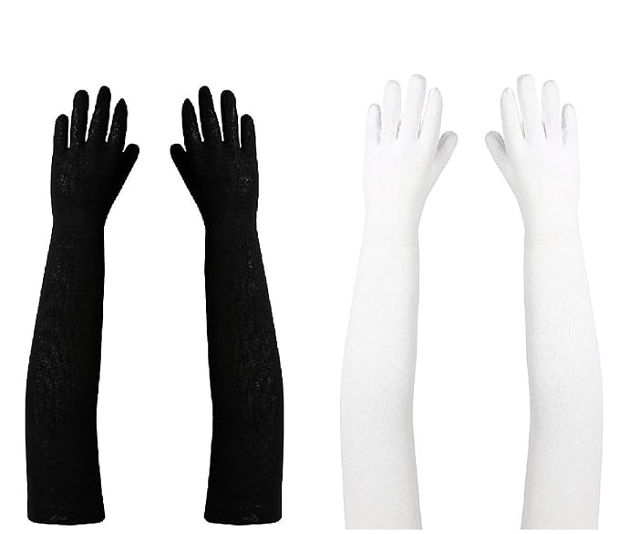 NESVIB Pack of 2 Pairs (White + Black Colour) Cotton Full Arm/Hand Sleeves Gloves For Summer, Winter, Dust & Sun Protection for Men, Women and Girls