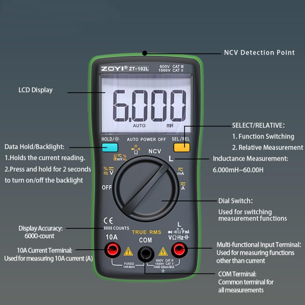 ZOYI Lcr Meter Inductance Tester Digital Multimeter TRMS 6000 Counts Accurately Measures Inductance Voltmeter Amp Meter Ohmmetr Diodes Continuity Duty-Cycle Capacitance For Automotive — Amazon image 7