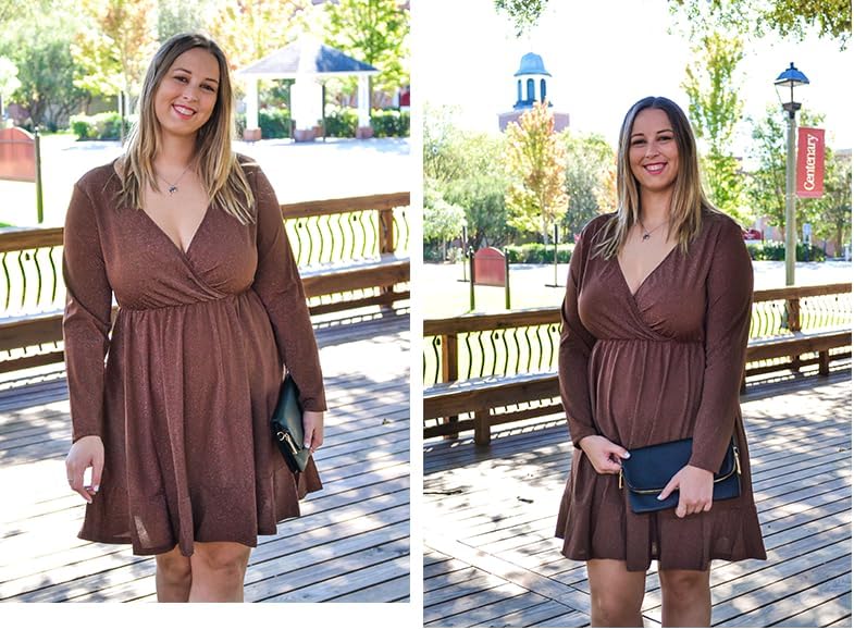 IN'VOLAND Plus Size Womens Glitter Dress V Neck Long Sleeve Ruffle Hem Swing Club Cocktail Party Dresses - Image 7