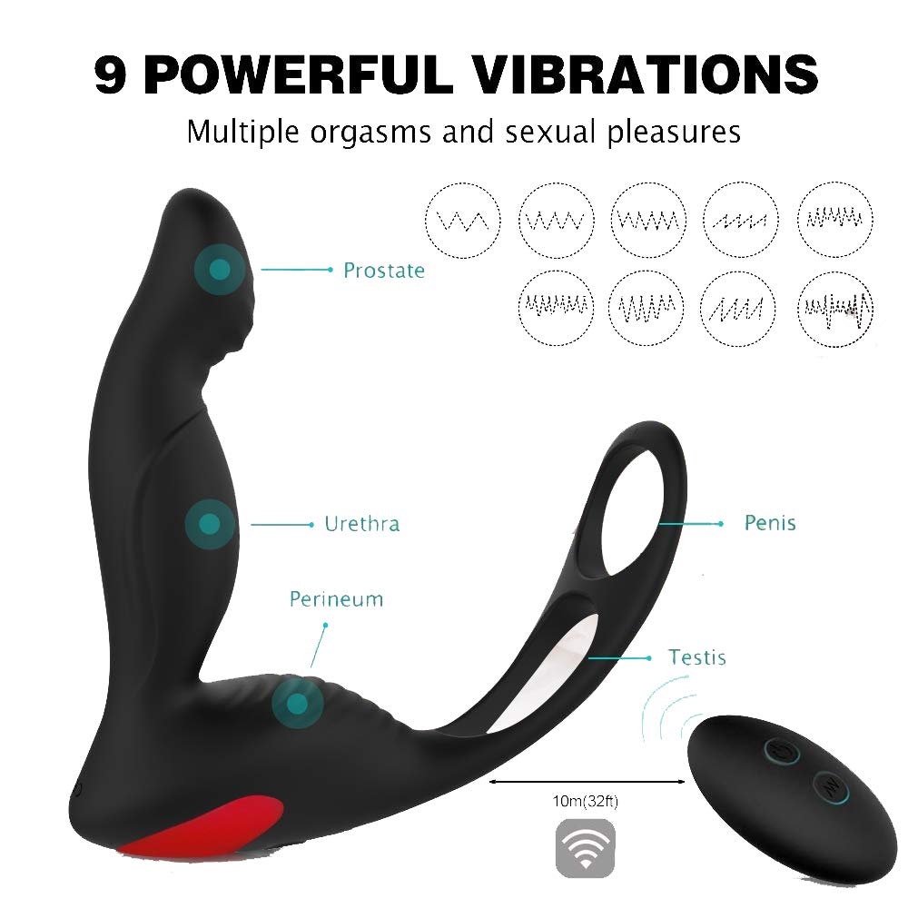 Massaggiatore prostatico con anello, fodera e telecomando in silicone, impermeabile, ricaricabile, 9 livelli di velocità, massaggiatore prostatico