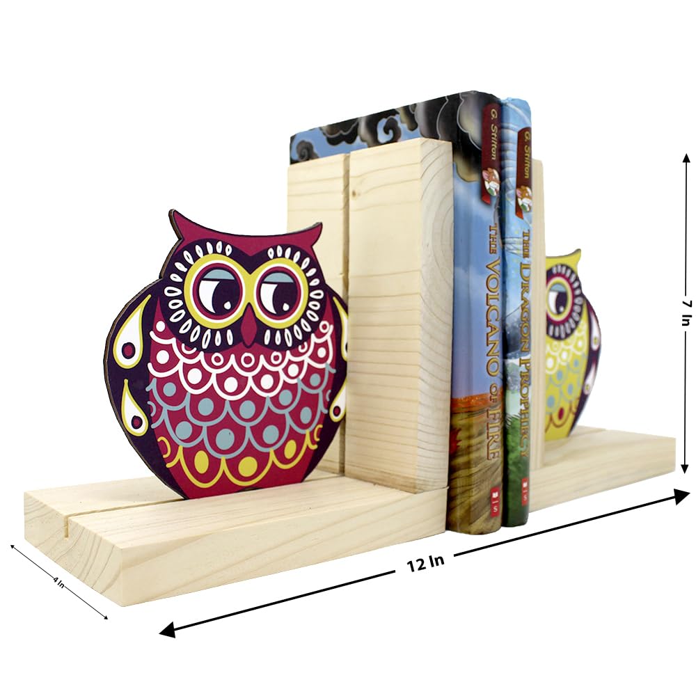 The Rosette Imprint Shaped Wooden Bookend for Kids - Fun Decorative Book Holder for Children's Shelf - Sturdy & Child-Safe Room Décor - Owl Design 2