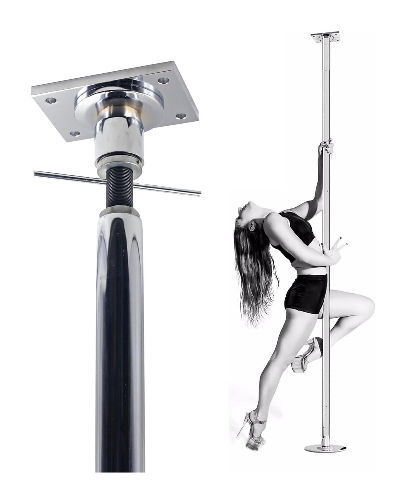 JYBNBBE Pole Dancing Pole for Home Dance Pole Spinning Pole Dancing Pole 2.24m-3.8m High Spinning Static Dance Pole Set, Rectangular Pole Dance Pole Top Plate, Loads 200kg,Silver-2.9M