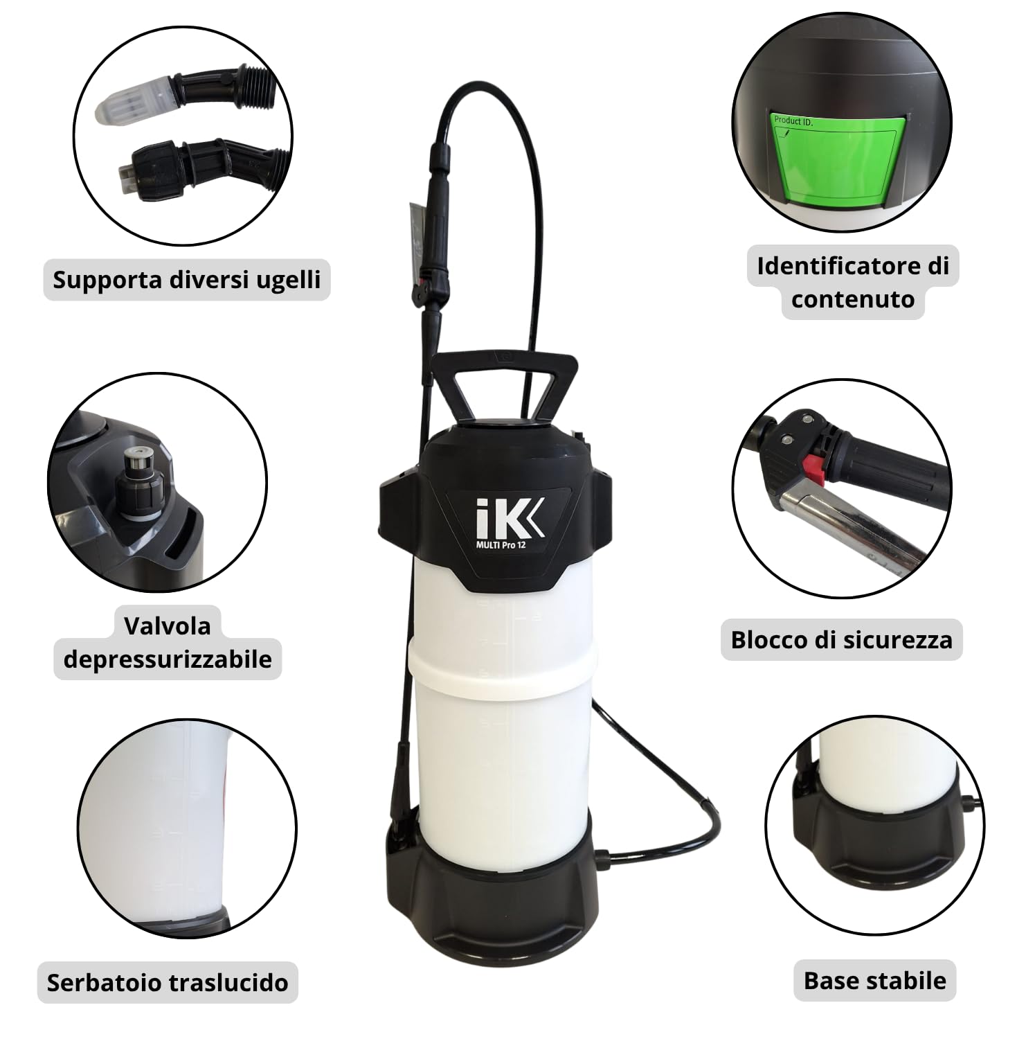 IK Multi Pro 12 Spruzzatore per Acidi 10 L - Particolarmente Resistente | Per chimici aggressivi - detailing, pulizia e igiene - maniglia inox - tubo 1,5 m - lancia in fibra di vetro 47 cm