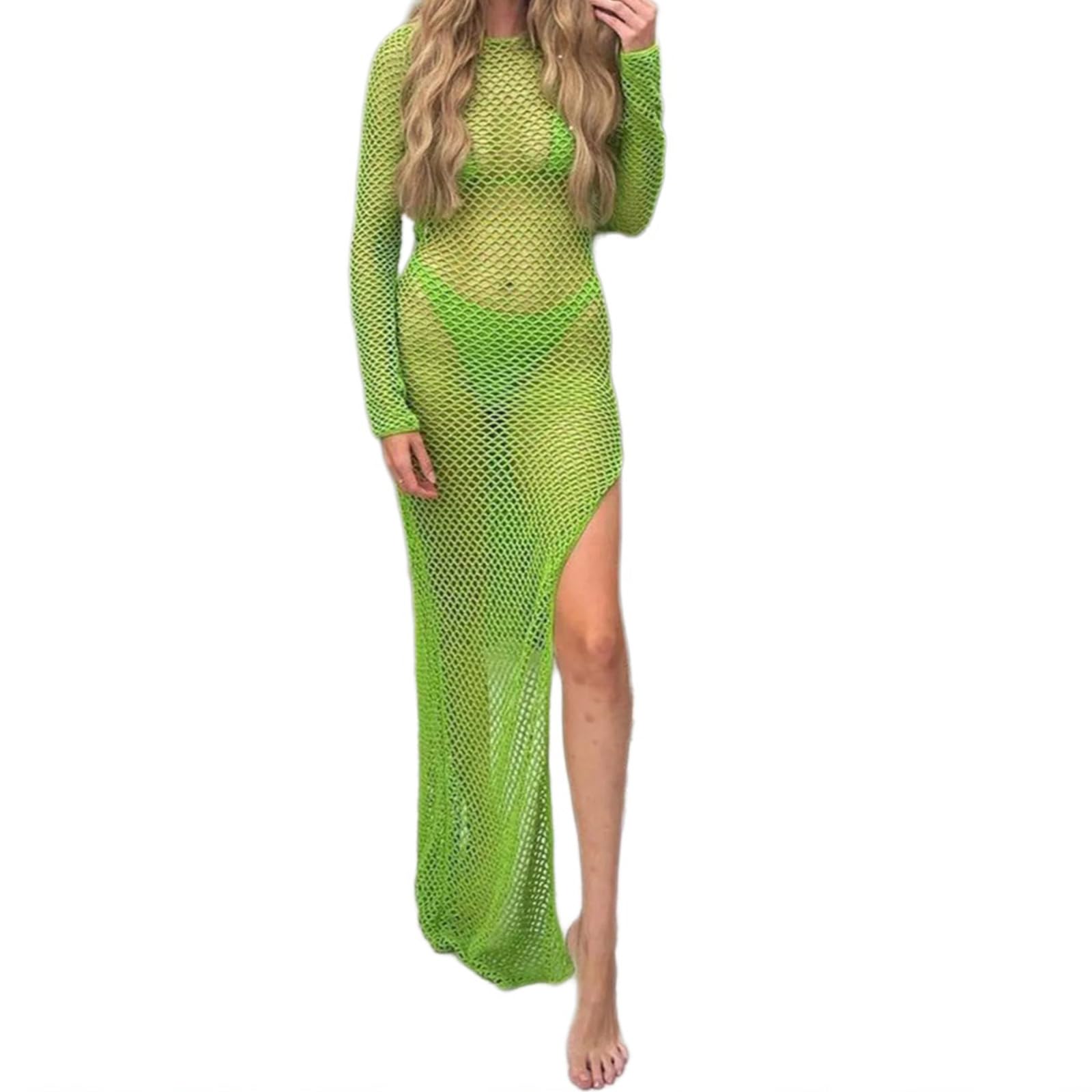 Abito aderente da donna all'uncinetto con allacciatura sul retro, a maniche lunghe, con spacco laterale, costume da bagno da spiaggia