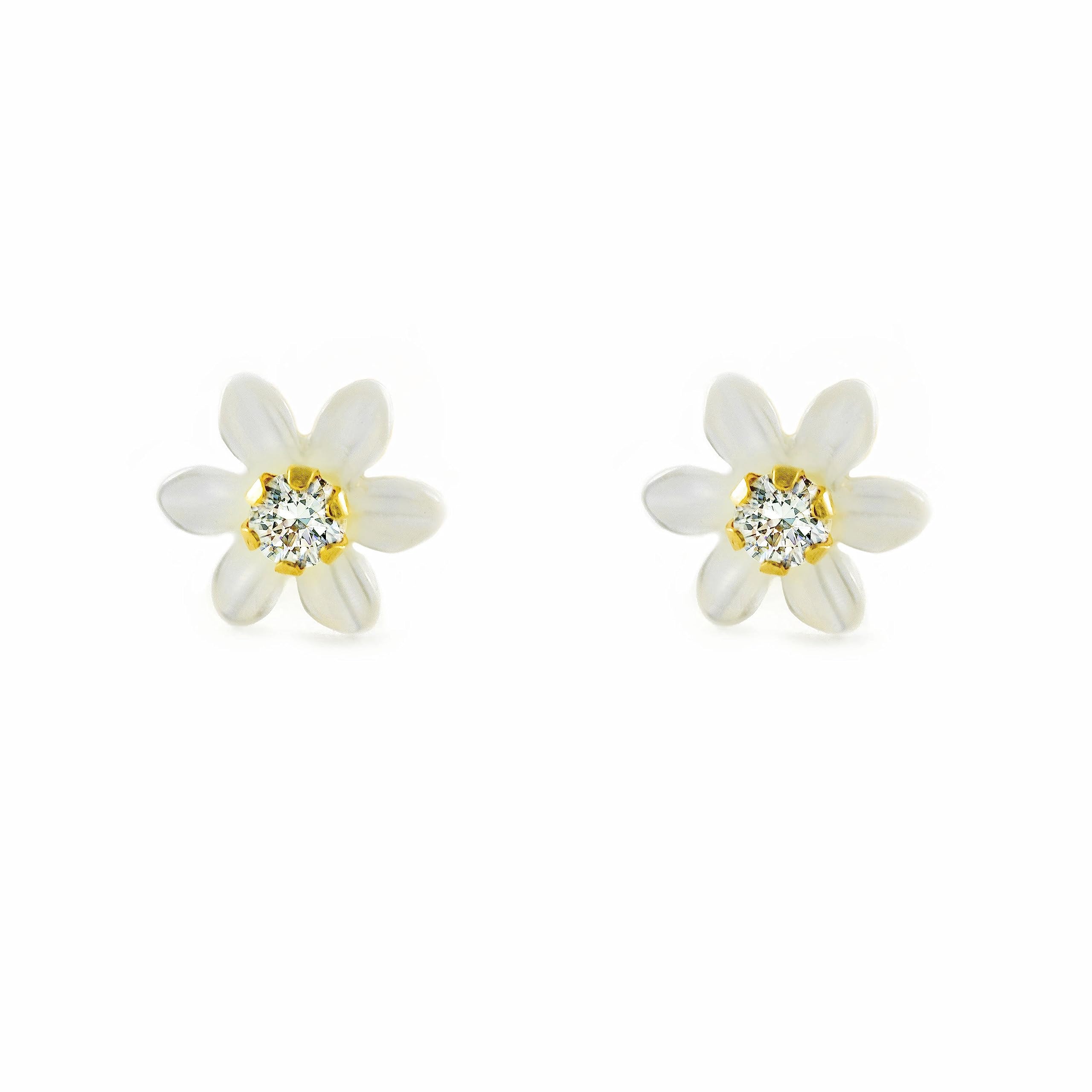 Monde Petit Pendientes Oro 18 Kilates (18K) Nacar Flor - Mondepetit - Estuche Regalo - Certificado de Garantía