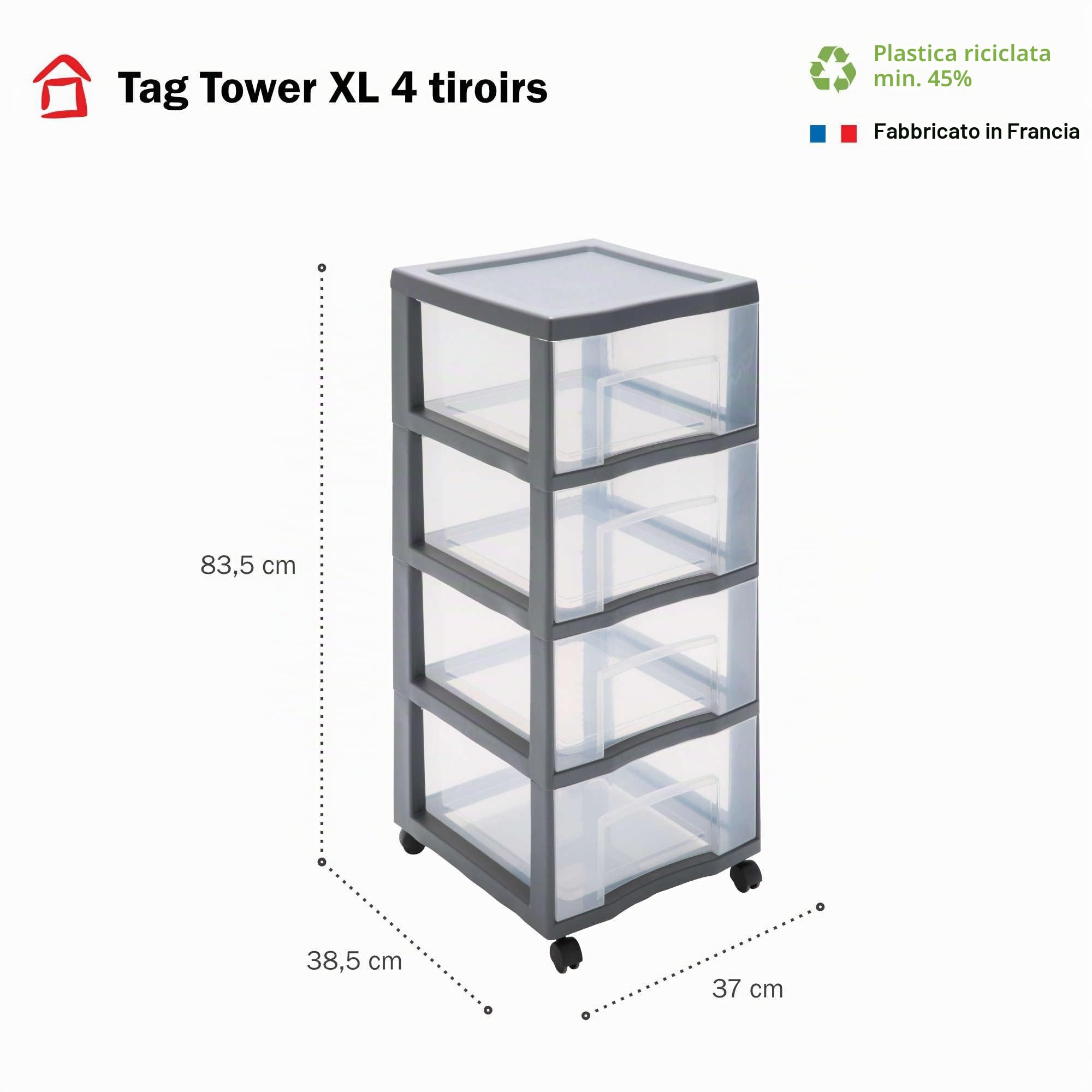 SUNDIS Tag Tower XL, cassettiera plastica con ruote, A4, 4 cassetti | Altezza 83,5 cm, facile da spostare, ideale per l'archiviazione in ufficio, lezioni, documenti, materiale di consumo