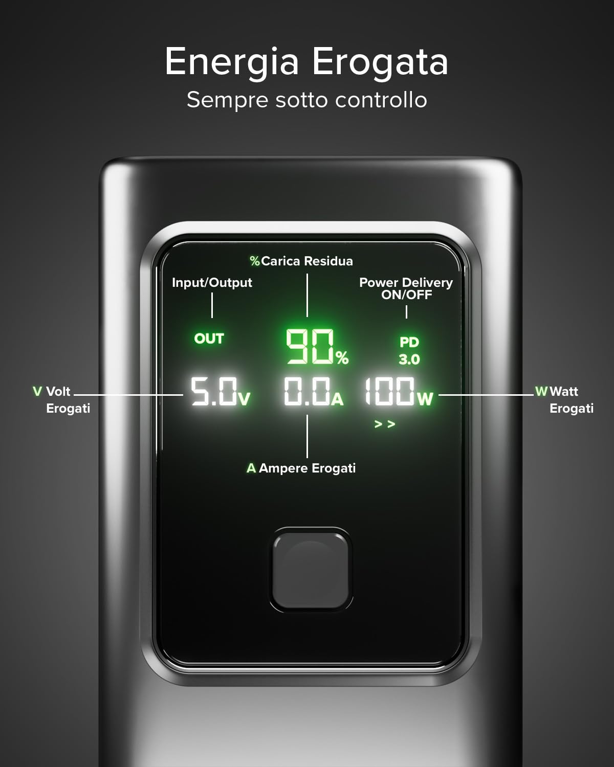 SBS PowerBank LCD 100W, 20000mAh, Power Delivery (PD 3.0 PPS), AFC | Power Bank con Ricarica Rapida, Display LCD Avanzato, USB-C, USB-A, Caricabatterie Portatile da Viaggio, Compatto, Grigio