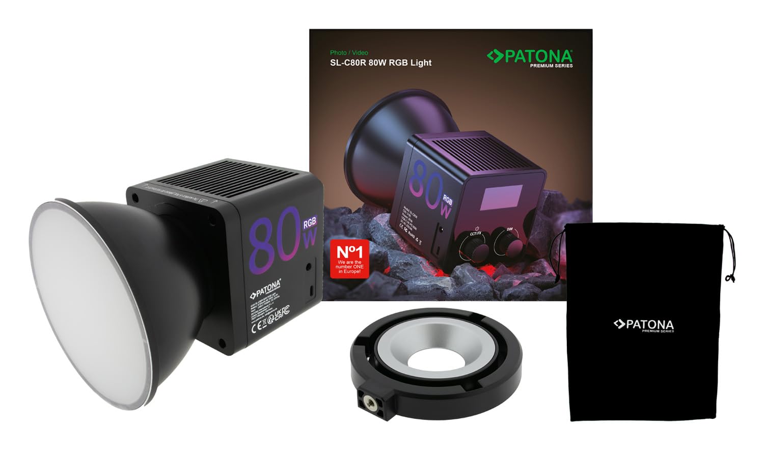 PATONA Premium RGB Profi Videolicht | SL-80R | Video Licht 80W | 2500K – 6500K | 25.550-32.030 LUX | CRI≥95/≥97 | App Steuerung | COB Dauerlicht für Studio & Außenbereich