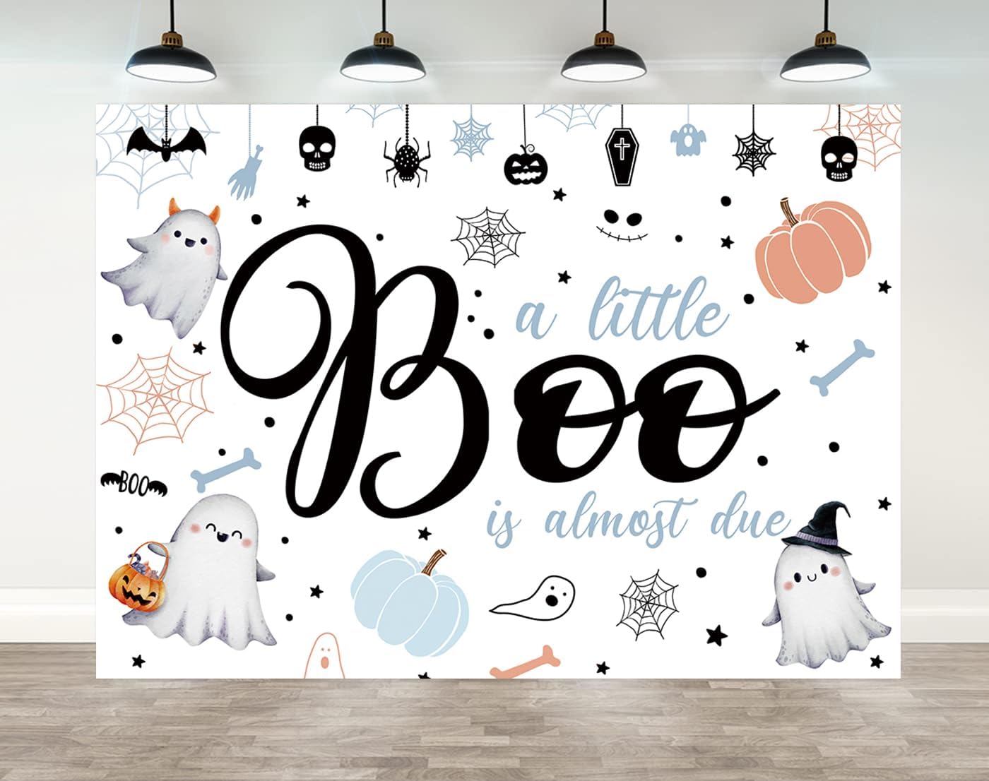 XCKALI A Little Boo is Almost Due Backdrop Blue Halloween Ghost Bat Kids Party Decoration Halloween Spider Web Pumpkin Baby Shower Backdrop 5x3FT