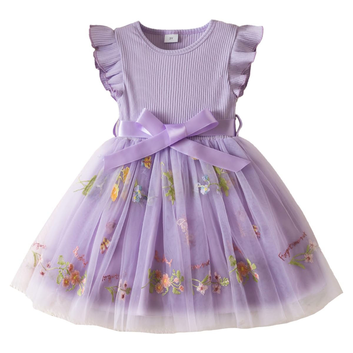 Robe Tulle pour Petite Fille Robes Bébé Fille sans Manches à Volants Broderies Florales Dégradé Ciel étoilé - 2
