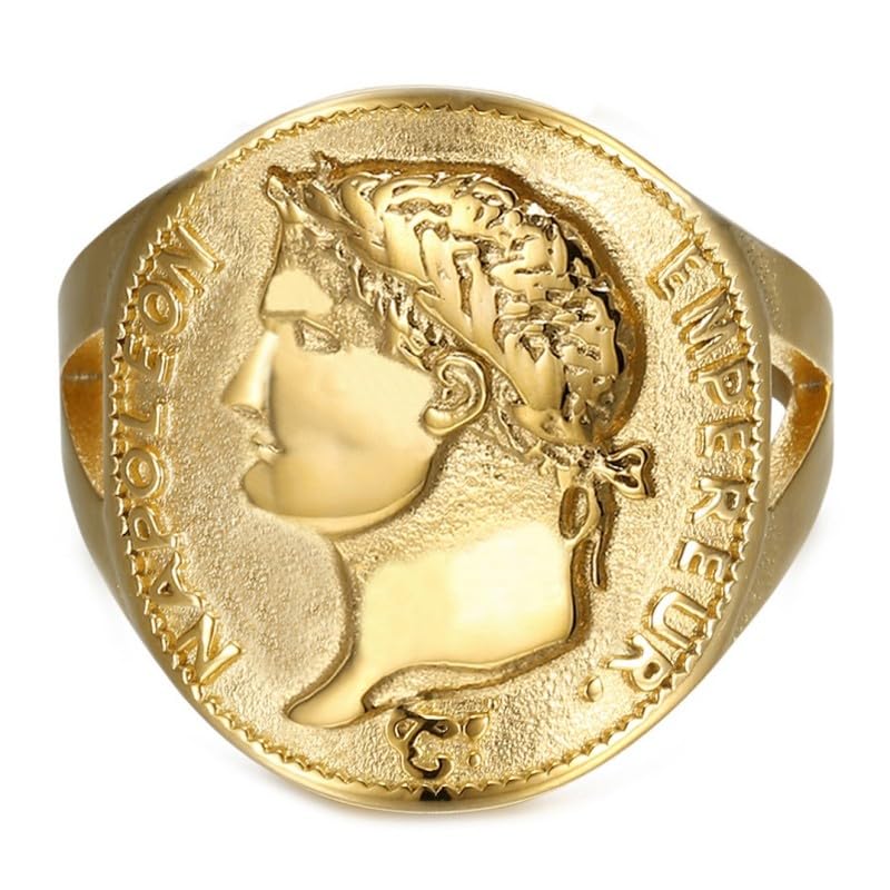 BOBIJOO Jewelry - Bague Chevalière Napoléon 1er Pièce cintrée Homme Femme Acier Inoxydable Or Doré Plaqué - 68 (12 US)