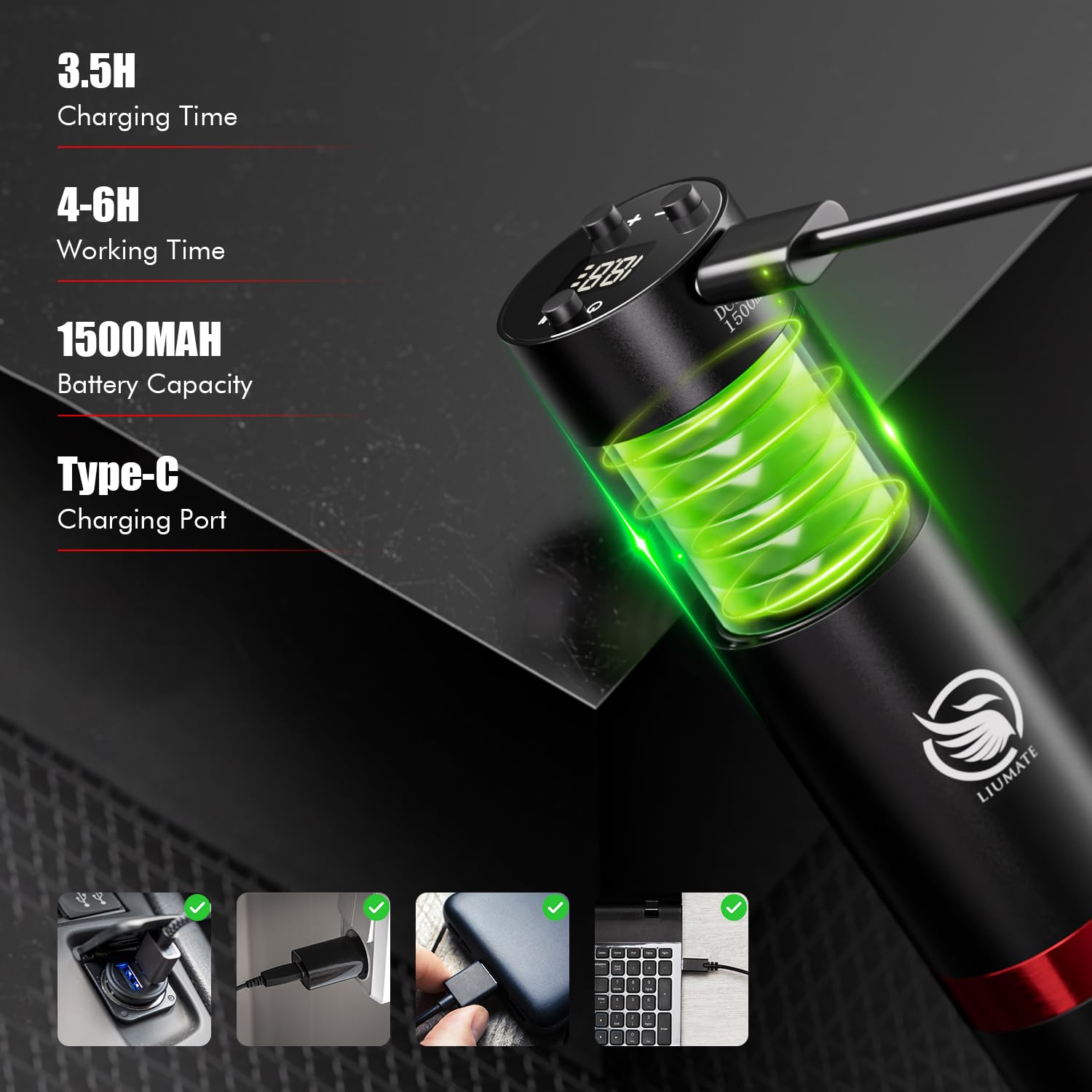 Kit Máquina de Rotativa Inalámbrica con 2 pcs Batería de 1500mAh 20 agujas 11 Botellas de Tinta, Wireless Rotativo Máquina de Bolígrafo para principiantes y artistas LIUMATE