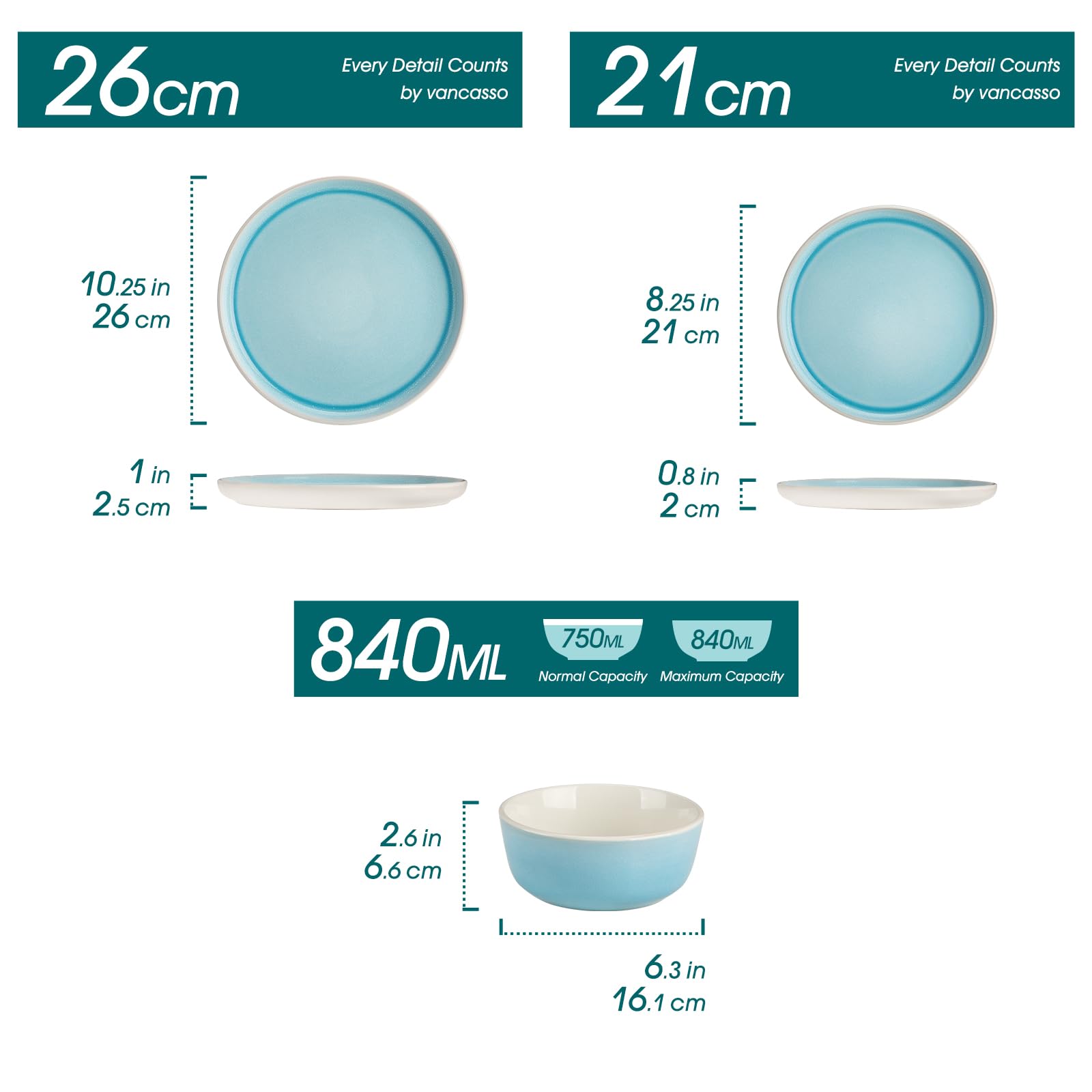 vancasso Elba - Set di piatti da 18 pezzi, per 6 persone, piatti e ciotole in gres porcellanato resistente, per pasti quotidiani, con piatti piani, piatti da dessert e ciotole per cereali, adatto al