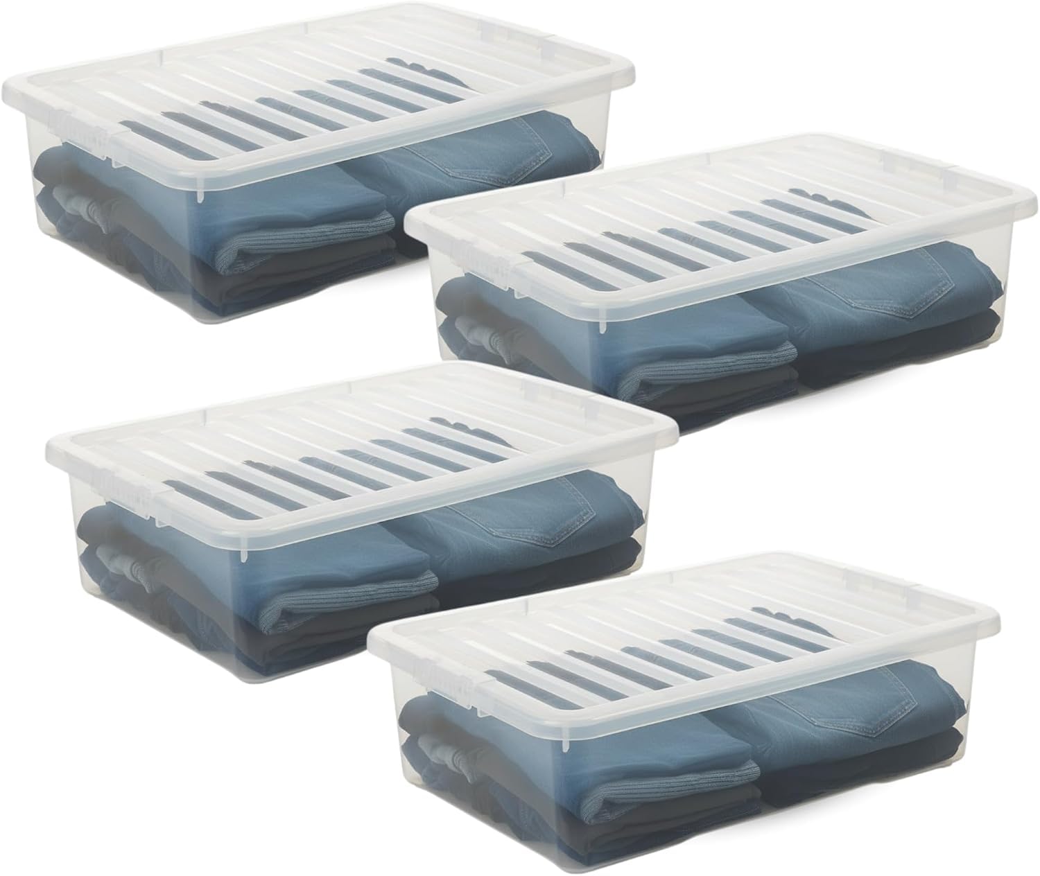 4 Pack 32L Underbed Storage Box with Clear Clip-On Lid - Clear Plastic Storage Container, 60 x 40 x 18cm - Stackable & Nestable Organiser For Clothes, Bedding, Shoes, Toys & Household Space Saving