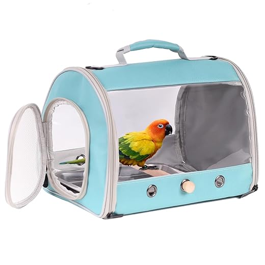 Long Tail Portable Bird Travel Carrier Cage with Metal Tray Soft Mat and Wooden Standing Perch, Hands Free Lightweight Clear 2 Windows Carry Bag for Parakeet Budgies Cockatiel Transport to Vet