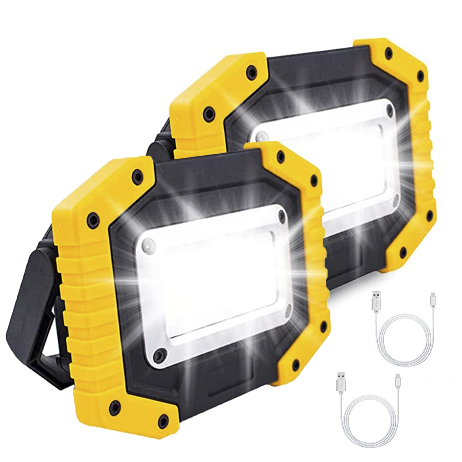 Faro Luce LED Ricaricabile 30W, Lampada da Lavoro da Portatile con USB, Lampada da Cantiere, 3 modalità, Luci da Lavoro Campeggio Impermeabile per Escursionismo Garage,Giallo,2 Pack